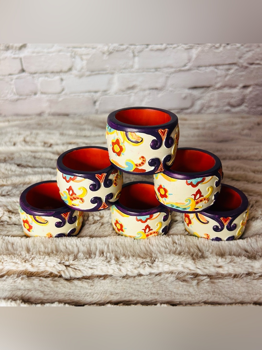 Tabletops Gallery Napkin Rings Resin Ivory Floral Set of 6